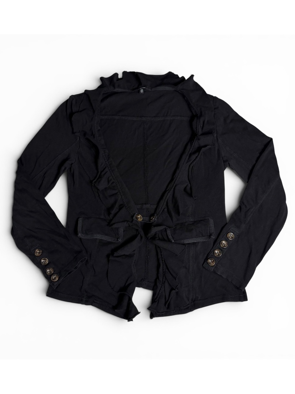 Mystree Black Ruffle Trim Open Front Single Button Sweater Cardigan w/ Pockets